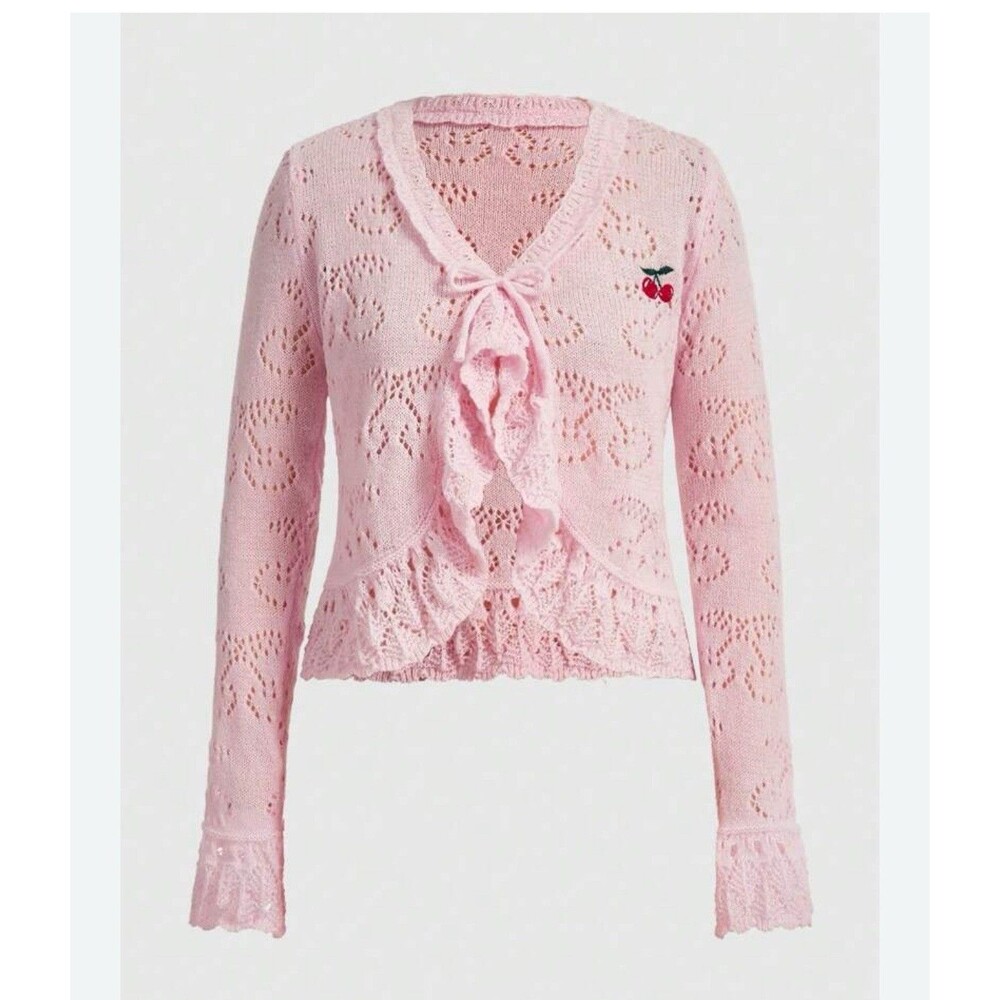 Romwe Pink Cherry Open Knit Front Tie Cropped Cardigan Ruffles S Rockabilly